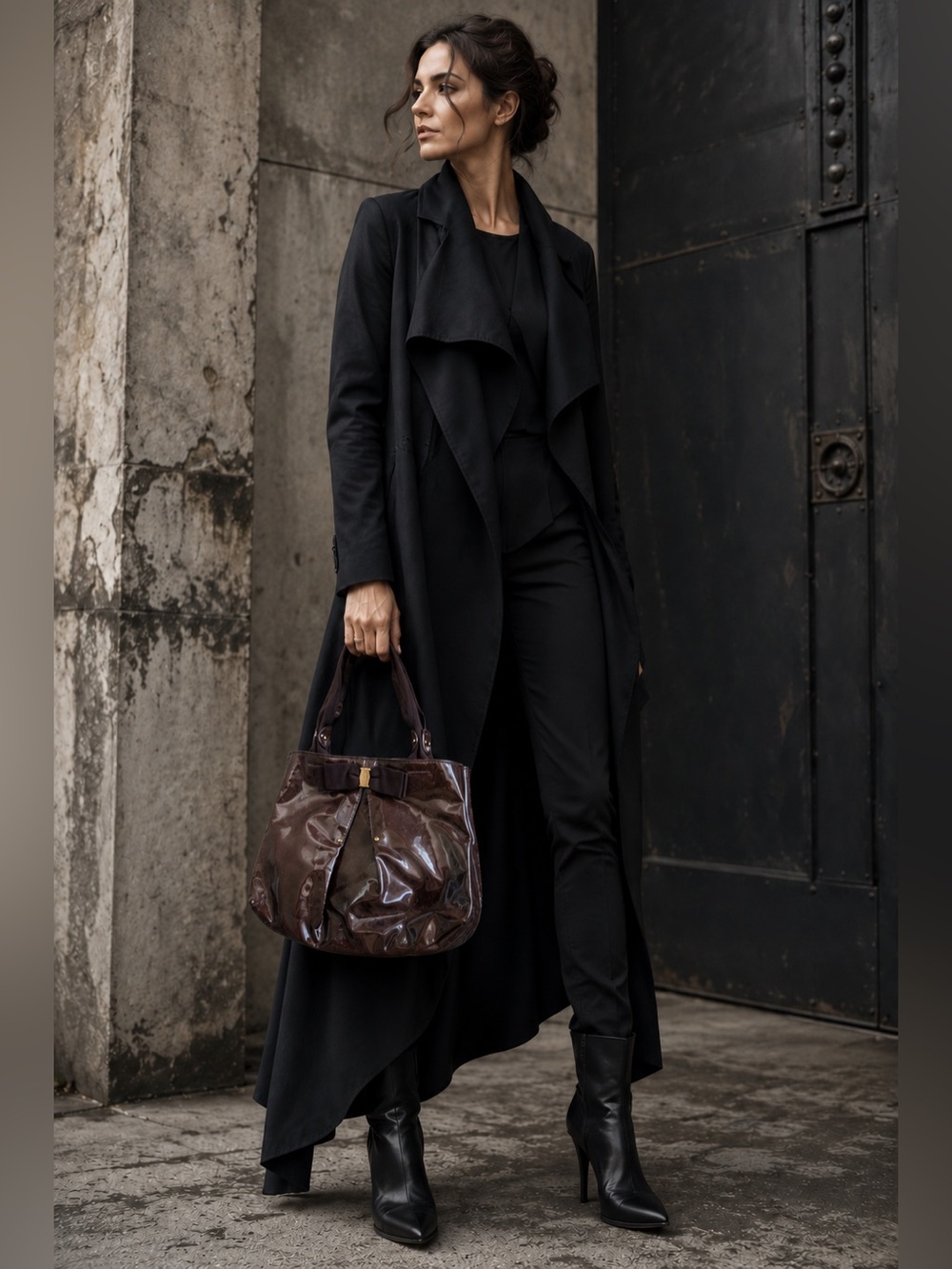 SALVATORE FERRAGAMO VARA BOW BROWN PATENT LEATHER LARGE TOTE BAG ITALY
